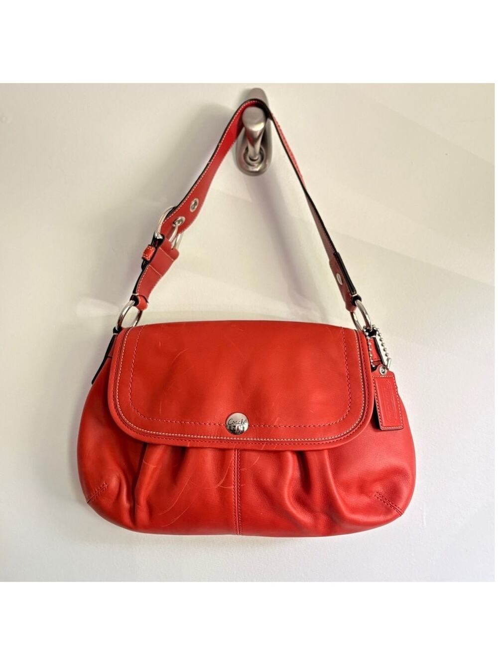 Y2K Coach Soho Pleated Shoulder bag Burnished Leather Coral Orange Flap